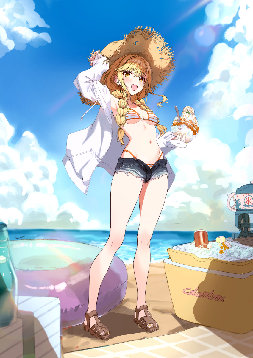 1girl absurdres alternate_costume bare_legs beach bikini blonde_hair blue_sky blush bottle braid breasts brown_footwear cloud commentary cooler cup cutoffs denim denim_shorts food fujita_kotone full_body gakuen_idolmaster hat highleg highleg_bikini highres holding holding_cup horizon idolmaster innertube jacket long_hair looking_at_viewer micro_shorts navel open_clothes open_jacket outdoors parfait ramune shorts sky small_breasts smile solo standing stomach straw_hat string_bikini striped_bikini striped_clothes swim_ring swimsuit td_(tandeom97) twin_braids white_jacket yellow_eyes