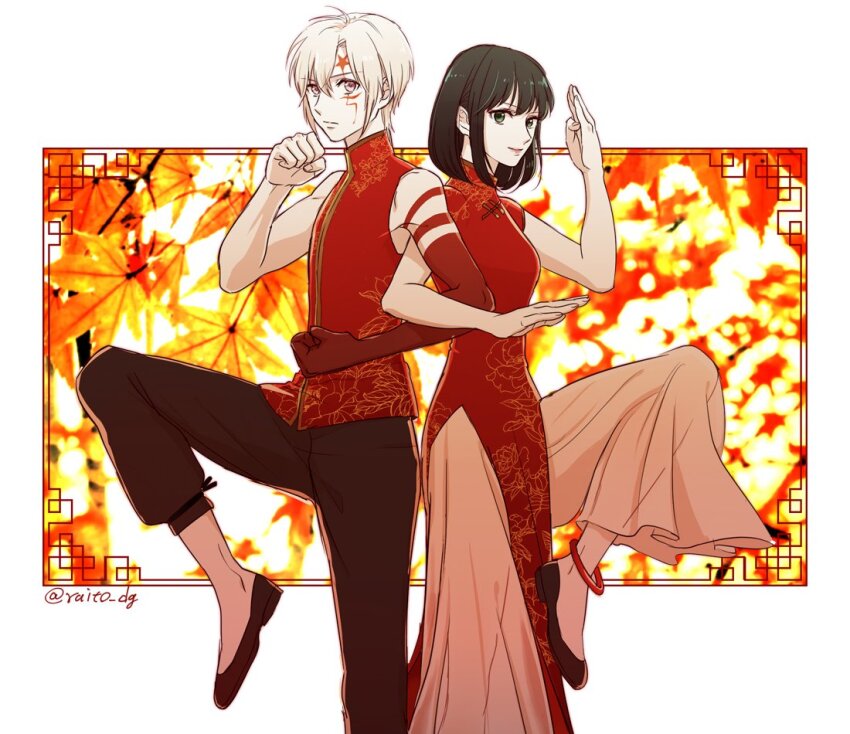 1boy 1girl allen_walker anklet bare_shoulders bob_cut border brown_pants china_dress chinese_clothes colored_extremities d.gray-man dress facial_mark fighting_stance flats green_eyes green_hair hair_between_eyes jewelry leaf leaf_background leg_up lenalee_lee lipgloss looking_at_viewer orange_pants outside_border pants pink_eyes raito_dg red_dress red_shirt scar scar_on_face shirt short_hair sidelocks signature sleeveless sleeveless_shirt star_(symbol) star_facial_mark turtleneck turtleneck_shirt white_border white_hair