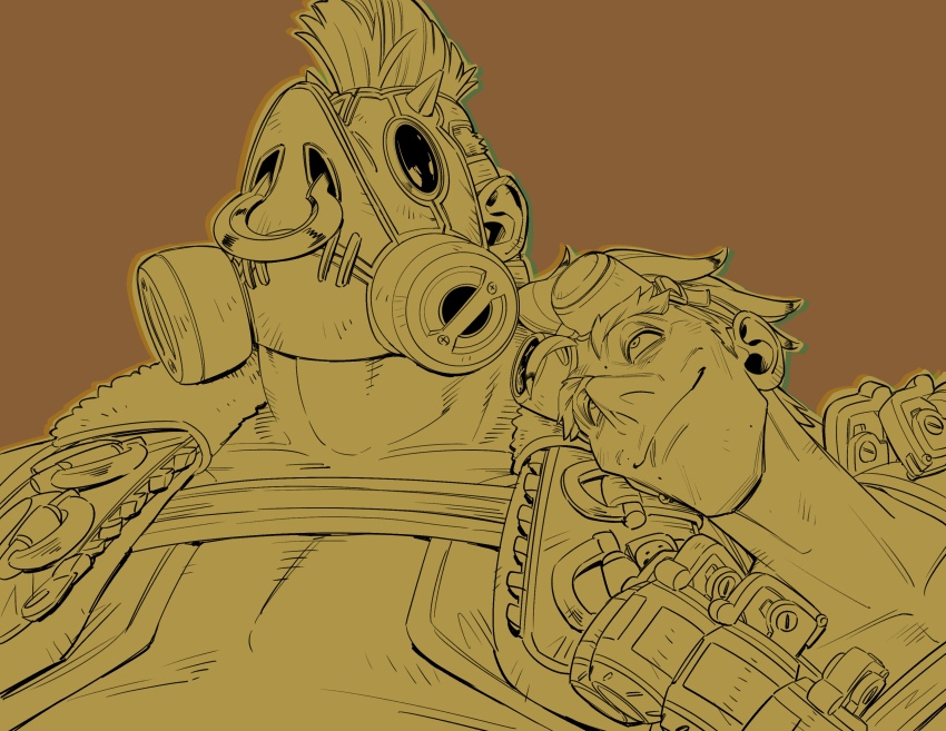 03kiyou 2boys absurdres bandolier belt brown_background brown_theme chest_strap closed_mouth collarbone covered_face explosive gas_mask goggles goggles_on_head grenade highres junkrat_(overwatch) leaning_on_person male_focus mask mohawk multiple_boys overwatch overwatch_2 roadhog_(overwatch) simple_background smile straight-on topless_male upper_body