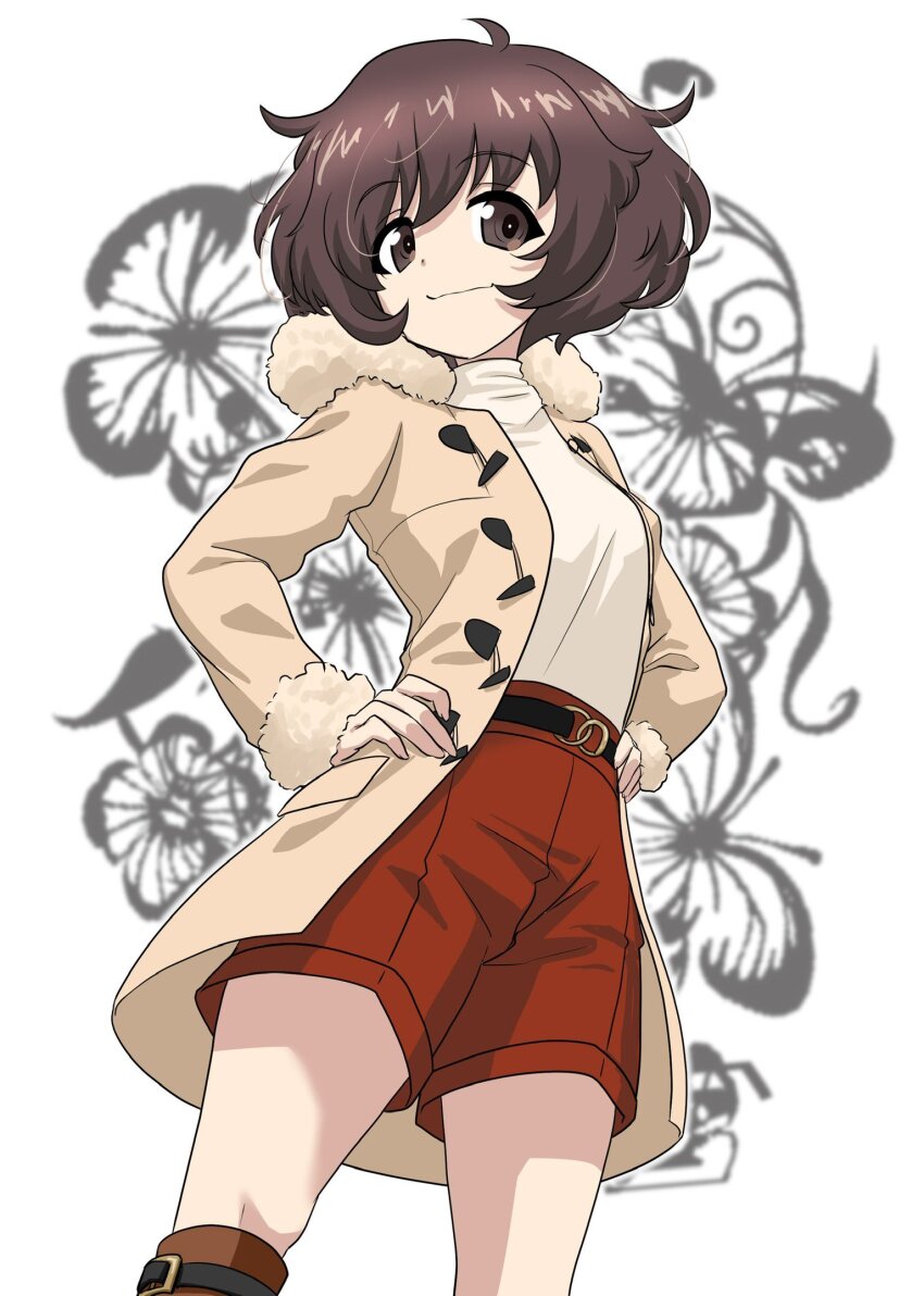 1girl akiyama_yukari alternate_costume breasts brown_eyes brown_hair coat commentary_request fur_trim girls_und_panzer hands_on_own_hips highres long_sleeves looking_at_viewer medium_breasts messy_hair shiina_excel short_hair shorts simple_background solo