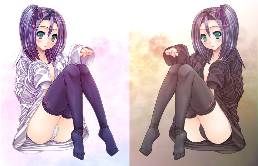 bad_id bad_pixiv_id dress_shirt feet glasses green_eyes long_sleeves open_clothes open_shirt original panties purple_hair shirt side_ponytail sleeves_past_wrists thighhighs underwear yoshida_inuhito