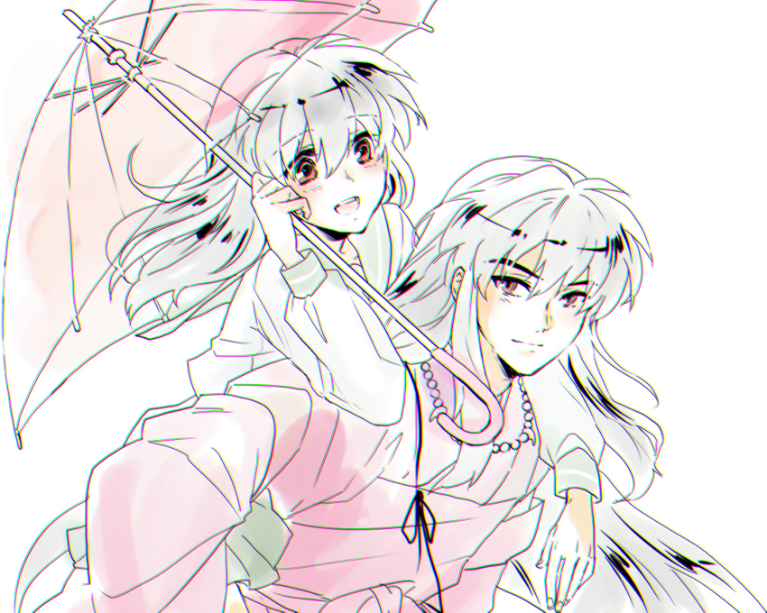 1boy 1girl arm_around_neck bead_necklace beads black_hair brown_eyes carrying green_skirt hair_between_eyes haramura_(e2ismus715) hetero highres higurashi_kagome holding holding_umbrella inuyasha inuyasha_(character) jewelry light_blush long_hair long_sleeves necklace open_mouth piggyback red_shirt school_uniform shirt sidelocks skirt smile tooth_necklace transparent transparent_umbrella umbrella upper_body white_background white_shirt