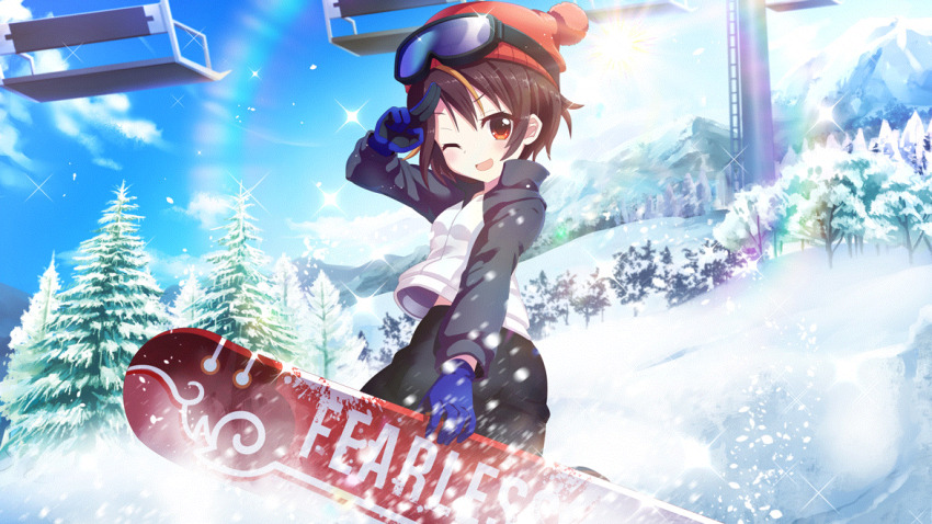 1girl ass bandou_mikuru beanie black_jacket black_pants blonde_hair blue_gloves blue_sky breasts brown_hair day dot_nose film_grain game_cg gloves goggles goggles_on_headwear hat izumi_tsubasu jacket ladder midriff_peek mountain multicolored_clothes multicolored_hair multicolored_jacket non-web_source official_art one_eye_closed open_mouth outdoors pants pole rainbow re:stage! red_eyes red_hat salute short_hair ski_lift sky small_breasts smile snowboard snowboarding solo sparkle streaked_hair sun tree two-finger_salute two-tone_hair two-tone_jacket white_jacket winter