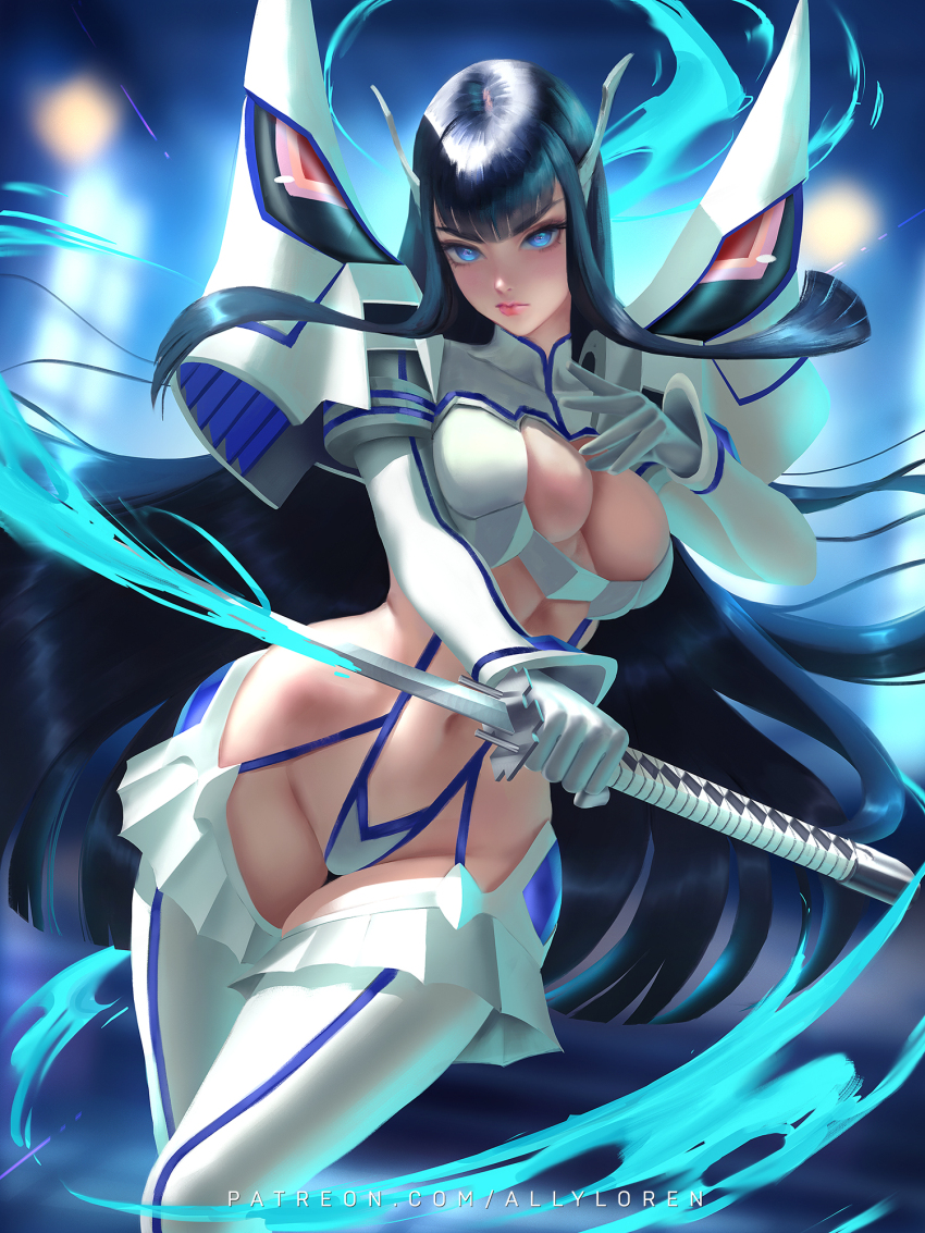 1girl allyloren artist_name bakuzan black_hair blue_eyes boots breasts commentary english_commentary highres holding holding_weapon junketsu kill_la_kill kiryuuin_satsuki life_fiber living_clothes long_hair revealing_clothes solo sword thigh_boots weapon