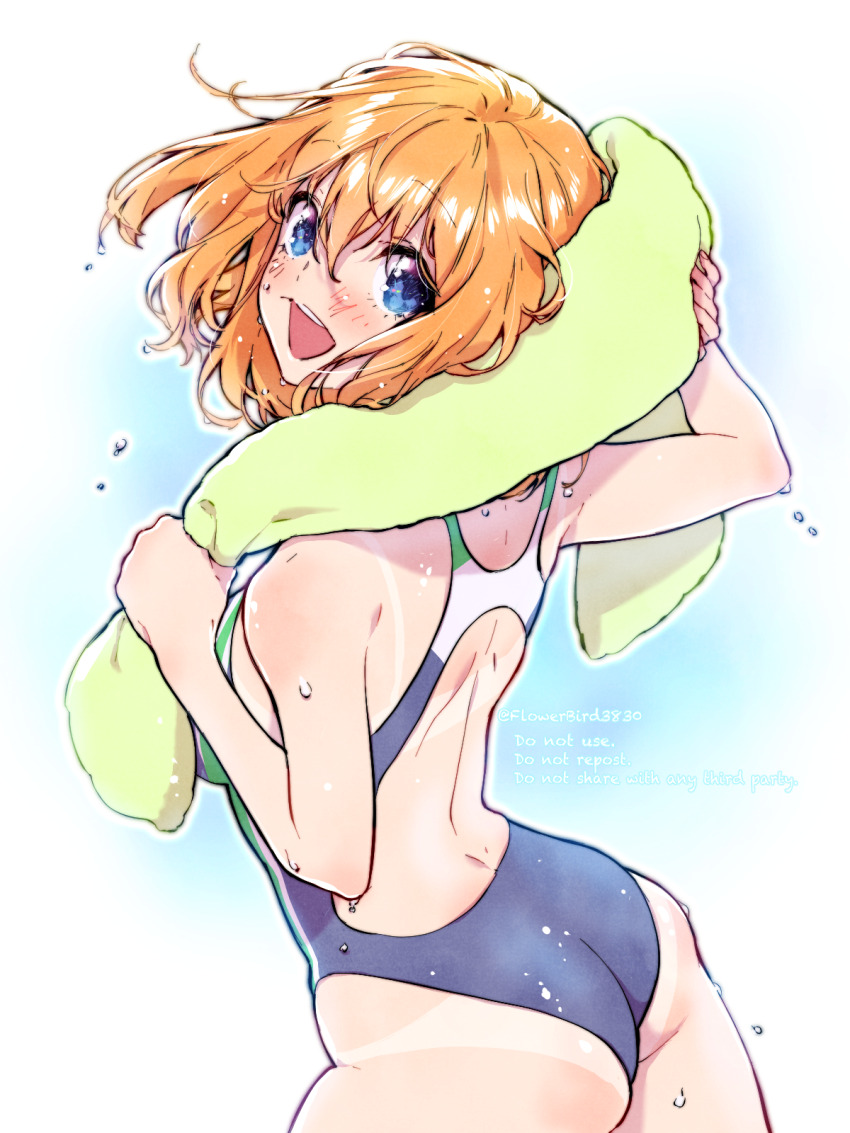 1girl ass back blue_eyes blush competition_swimsuit cowboy_shot from_behind go-toubun_no_hanayome highleg highleg_one-piece_swimsuit highres holding holding_towel looking_at_viewer looking_back nakano_yotsuba one-piece_swimsuit open_mouth orange_hair racerback short_hair shoulder_blades solo swimsuit tan tanline towel towel_around_neck twitter_username wet yu_(flowerbird3830)