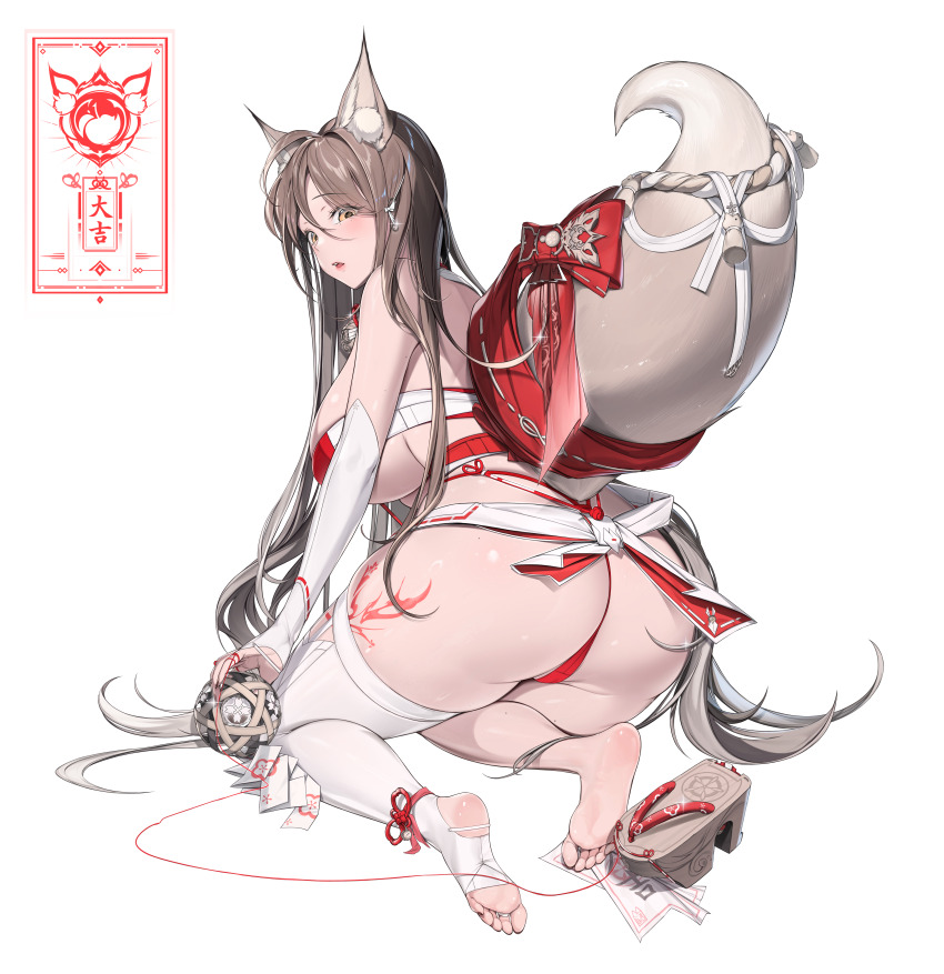 1girl absurdres animal_ear_fluff animal_ears ass ass_focus bell blush breasts bridal_gauntlets brown_eyes brown_hair curvy fox_ears fox_girl fox_tail hair_bell hair_ornament highres huge_ass kiho large_breasts long_hair looking_at_viewer looking_back madaeng mole mole_on_arm mole_on_ass mole_on_leg mole_on_thigh no_shoes original panties red_panties ribbon solo tail tail_ornament tail_ribbon thick_thighs thighhighs thighs toes underboob underwear very_long_hair white_background white_thighhighs