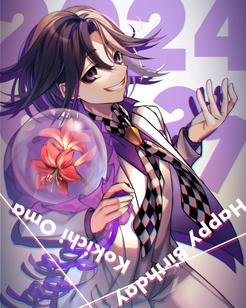 1boy 2024 black_hair character_name checkered_necktie danganronpa_(series) danganronpa_10th_anniversary_costume danganronpa_v3:_killing_harmony flipped_hair flower grin hair_between_eyes happy_birthday highres jacket long_sleeves multicolored_hair necktie nota_sayaka official_alternate_costume oma_kokichi open_clothes open_jacket pants pink_eyes pink_hair red_flower ribbon smile solo teeth two-tone_hair vest white_background white_jacket white_pants white_vest