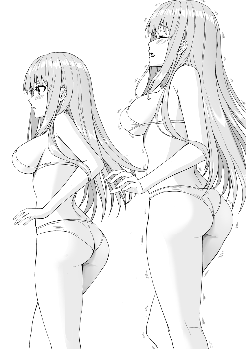 1girl absurdres age_progression apple_(luffy123) ass blush bra from_side hair_behind_ear highres korean_commentary long_hair looking_ahead open_mouth original panties trembling underwear underwear_only very_long_hair white_background