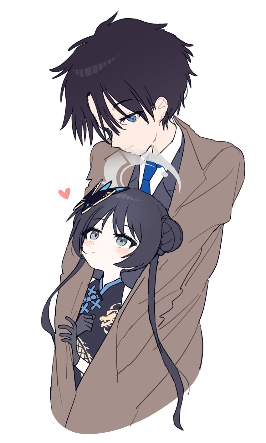 1boy 1girl absurdres black_hair blue_archive blue_eyes braid braided_bun butterfly_hair_ornament china_dress chinese_clothes coat dragon_print dress formal gloves hair_bun hair_ornament halo heart highres je_o_mo kisaki_(blue_archive) necktie sensei_(blue_archive) suit twintails