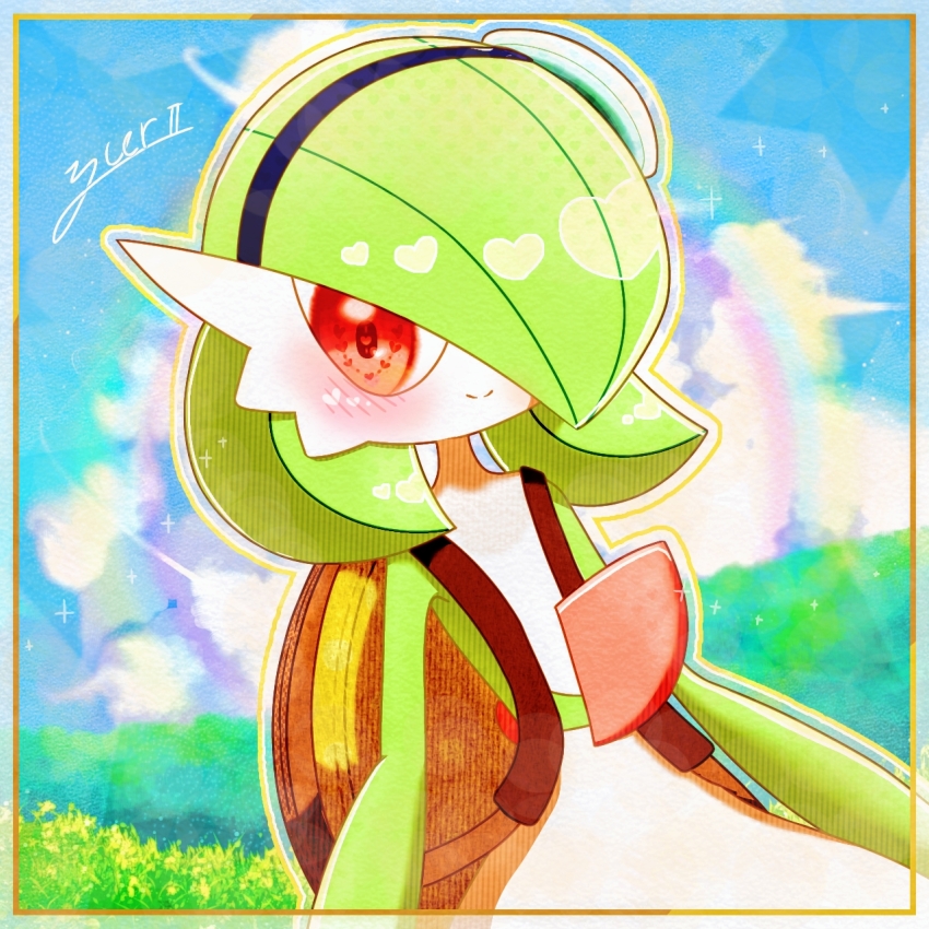 1girl arms_at_sides artist_name blue_hairband blue_sky blush bob_cut border closed_mouth cloud colored_skin creatures_(company) day female_focus flat_chest game_freak gardevoir gen_3_pokemon grass green_hair green_hat green_skin hair_over_one_eye hairband happy hat heart heart_in_eye highres looking_at_viewer mini_hat multicolored_skin nintendo one_eye_covered outdoors outline outside_border pokemon pokemon_(creature) rainbow red_eyes short_hair signature sky smile solo sparkle split_mouth standing symbol_in_eye tilted_headwear two-tone_skin upper_body white_skin yellow_border yellow_outline yuri_(fl0werspace)