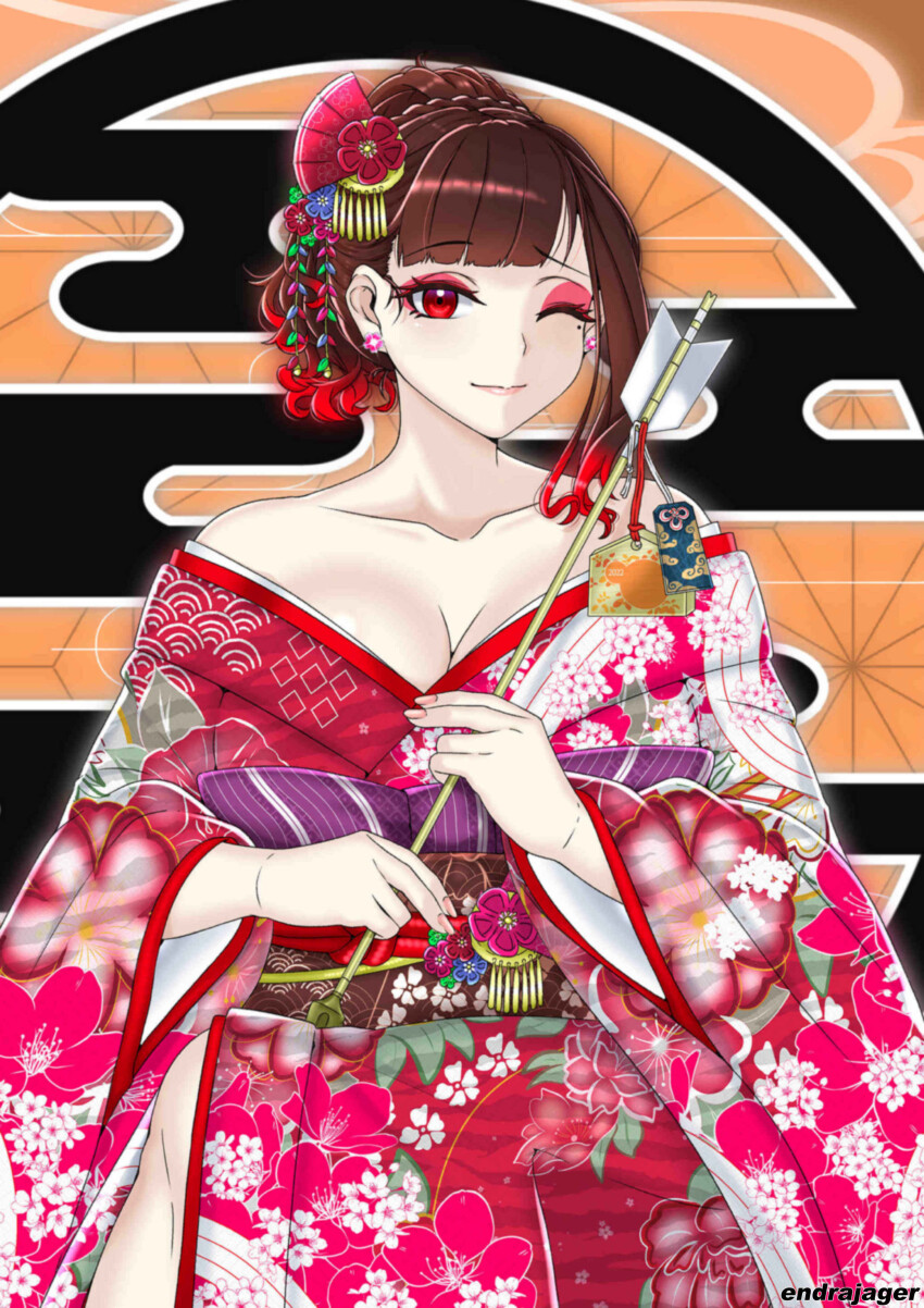 1girl absurdres arrow_(projectile) breasts brown_hair cleavage collarbone colored_tips commentary earrings endrajager03 english_commentary eyeshadow fan_hair_ornament flower_earrings hair_behind_ear highres holding holding_arrow japanese_clothes jewelry kimono looking_at_viewer makeup medium_breasts mole mole_under_eye multicolored_hair obi off_shoulder one_eye_closed original pink_nails red_eyes red_eyeshadow red_hair red_kimono sash short_hair smile solo