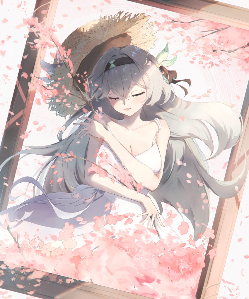 1girl absurdres alternate_costume bare_shoulders black_hairband branch breasts cherry_blossoms cleavage closed_eyes commentary dress elphe firefly_(honkai:_star_rail) grey_hair hair_between_eyes hair_intakes hair_ornament hairband hat highres holding holding_branch honkai:_star_rail honkai_(series) long_hair medium_breasts petals picture_frame sleeveless sleeveless_dress smile solo sun_hat white_dress