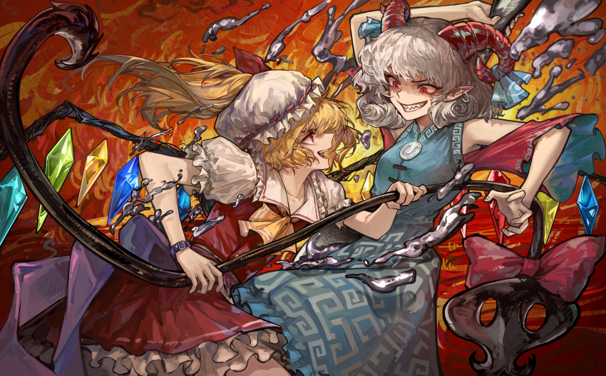 2girls absurdres arm_up ascot blonde_hair blue_dress breasts clenched_teeth collarbone cowboy_shot crystal_wings dress flandre_scarlet frilled_dress frilled_headwear frilled_skirt frills goat_horns grin hat highres holding horns laevatein_(touhou) long_hair looking_at_another medium_breasts mob_cap multiple_girls naijiaer open_mouth puffy_short_sleeves puffy_sleeves red_eyes red_skirt red_vest sharp_teeth shirt short_hair short_sleeves side_ponytail skirt slit_pupils smile teeth touhou toutetsu_yuuma vest white_hair white_hat white_shirt wings yellow_ascot