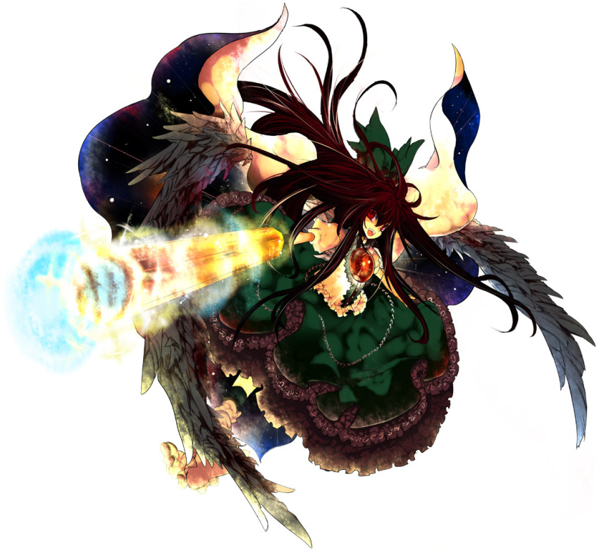 1girl aoguu arm_cannon black_hair black_wings bow cape female_focus full_body hair_bow long_hair open_mouth red_eyes reiuji_utsuho ribbon skirt smile solo third_eye touhou weapon white_background wings