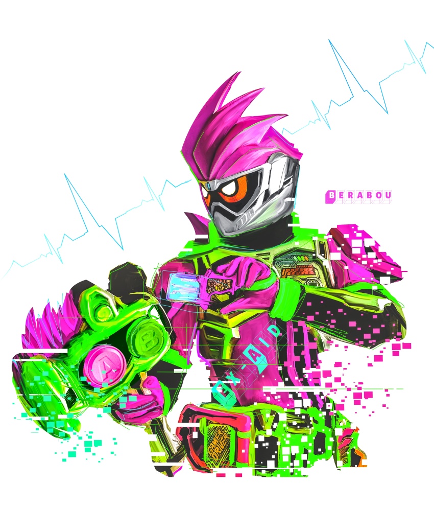 1boy absurdres armor bodysuit gamer_driver green_armor hammer highres holding holding_hammer kamen_rider kamen_rider_ex-aid kamen_rider_ex-aid_(series) male_focus obakelope0530 pink_bodysuit power_armor red_eyes rider_gashat simple_background solo upper_body white_background