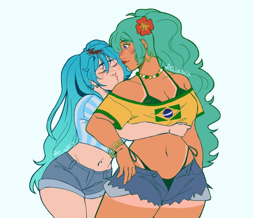 alicep1ink aqua_hair argentinian_miku bead_choker beads bikini blush bracelet brazil brazilian_flag brazilian_flag_print brazilian_miku breasts couple dark-skinned_female dark_skin earrings exposed_pocket flag_print flower hair_flower hair_ornament hatsune_miku highres jewelry large_breasts long_hair multiple_bracelets rectangular_earrings shirt shorts shorts_tan swimsuit tan tanline tanline_peek twintails vocaloid yellow_shirt yuri