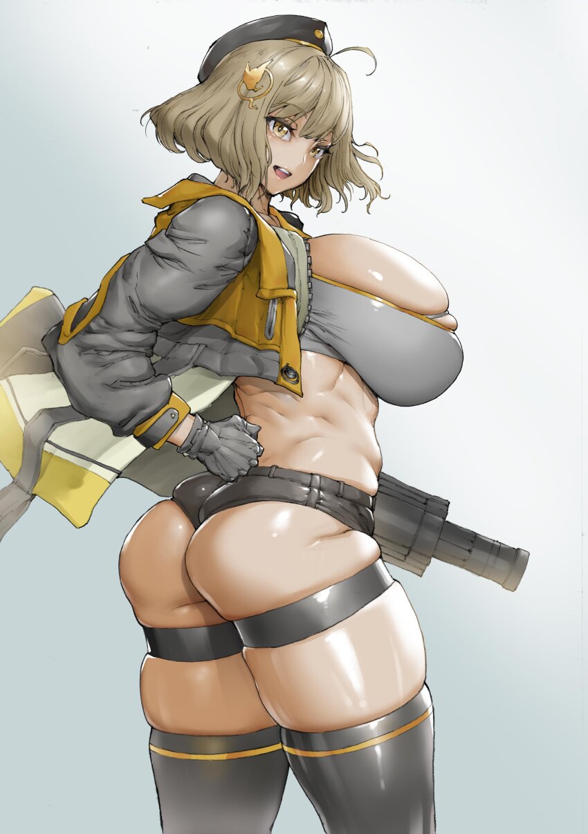 1girl :d absurdres ahoge anis_(nikke) ass beret black_hat black_shorts black_thighhighs bonten breasts brown_eyes crop_top from_behind gloves goddess_of_victory:_nikke grenade_launcher grey_gloves grey_jacket grey_shirt hair_ornament hand_in_own_hair hat highres holding holding_weapon huge_breasts jacket light_brown_hair micro_shorts multicolored_clothes multicolored_jacket open_mouth shirt short_hair shorts skindentation smile solo thigh_strap thighhighs two-tone_jacket weapon yellow_jacket