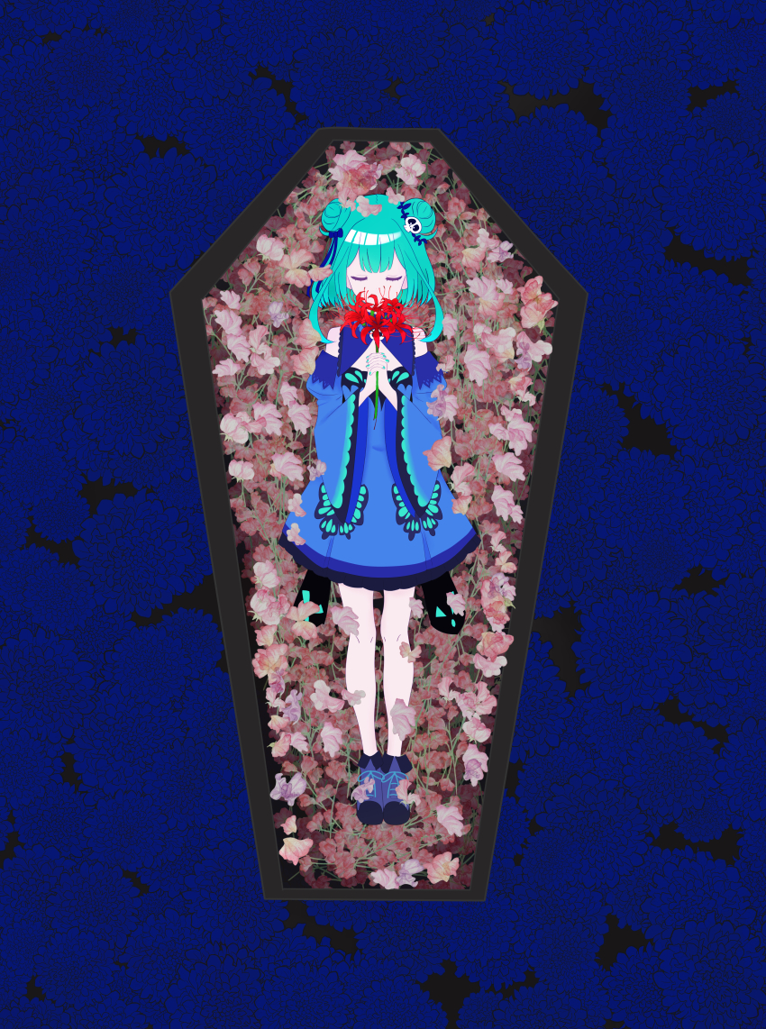 1girl absurdres blue_dress coffin commentary_request double_bun dress flower green_hair green_nails hair_bun highres holding holding_flower hololive kuronagirai nail_polish red_flower solo spider_lily uruha_rushia uruha_rushia_(1st_costume) virtual_youtuber