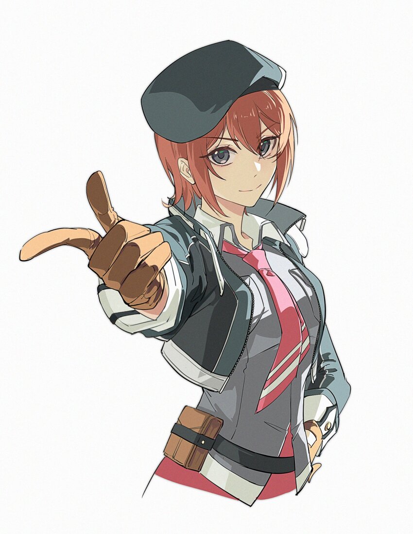 1girl ao_no_kiseki belt_pouch beret black_eyes brown_gloves brown_hair cropped_jacket double-parted_bangs eien_galaxy_ko eiyuu_densetsu gloves hair_between_eyes hand_on_own_hip hat highres looking_at_viewer necktie noel_seeker pointing pointing_at_viewer portrait pouch short_hair sidelocks smile solo upper_body zero_no_kiseki