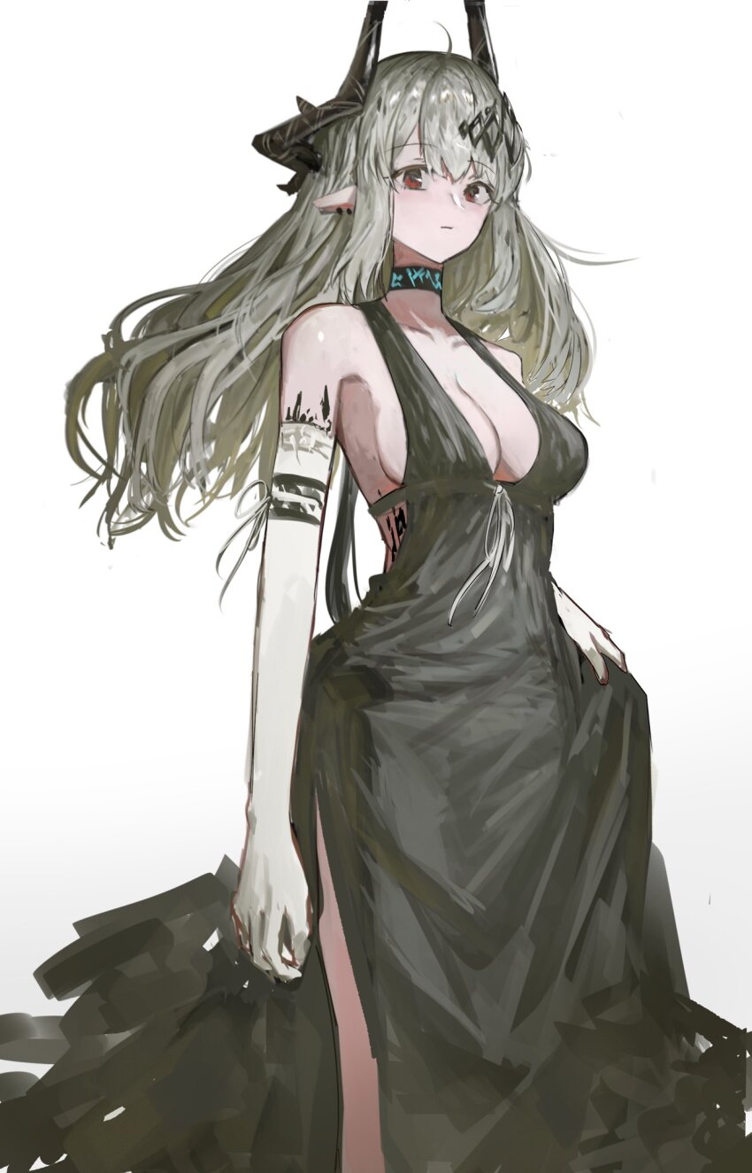 1girl arknights bare_shoulders black_dress black_horns breasts chinese_commentary cleavage closed_mouth commentary_request dress ear_piercing elbow_gloves expressionless feet_out_of_frame floating_hair gloves gradient_background grey_background grey_gloves grey_hair highres horns infection_monitor_(arknights) long_hair looking_at_viewer lunifish material_growth medium_breasts mudrock_(arknights) oripathy_lesion_(arknights) piercing plunging_neckline pointy_ears red_eyes sidelocks sketch skirt_hold solo standing white_background