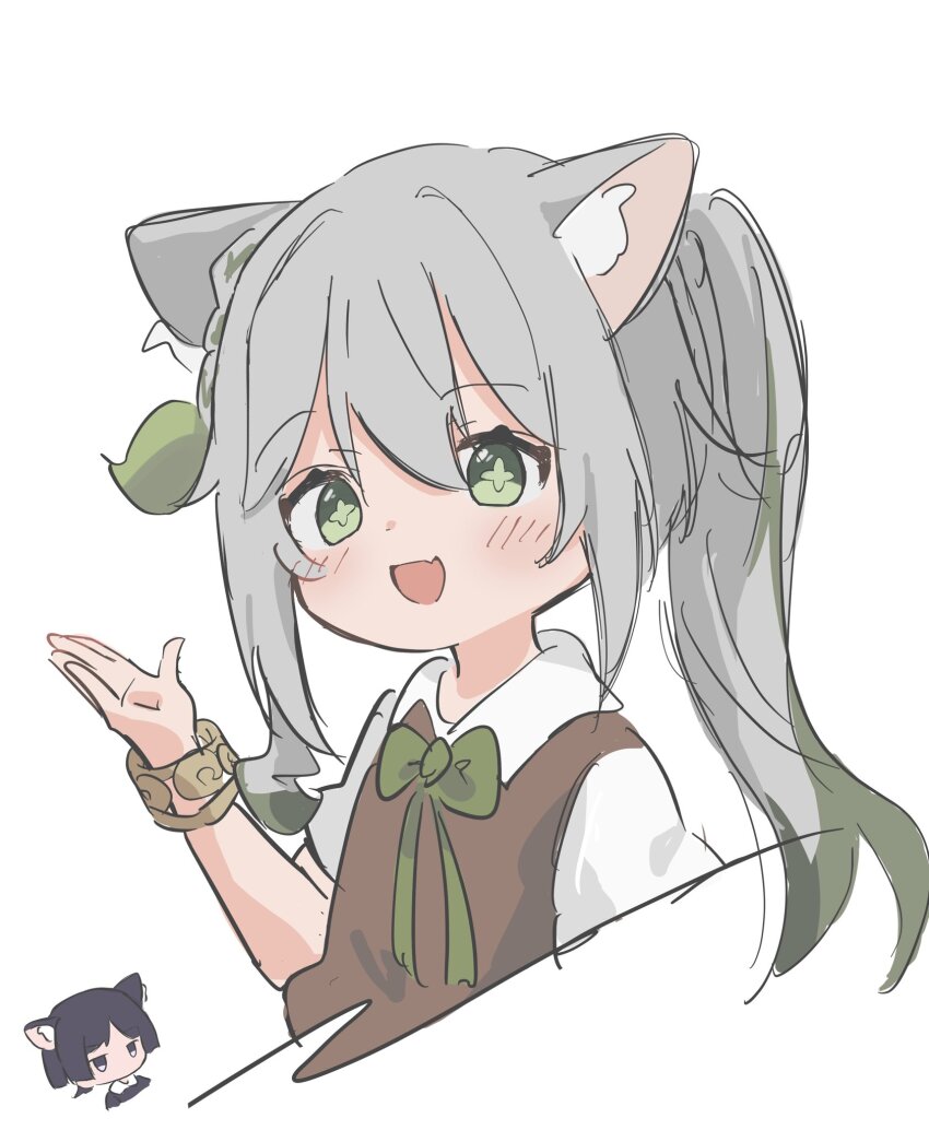 animal_ears blue_eyes blue_hair cat_ears genshin_impact green_eyes grey_hair hair_ornament highres karuthi leaf_hair_ornament light_blush long_hair looking_at_viewer nahida_(genshin_impact) ponytail scaramouche_(genshin_impact) smile wanderer_(genshin_impact)