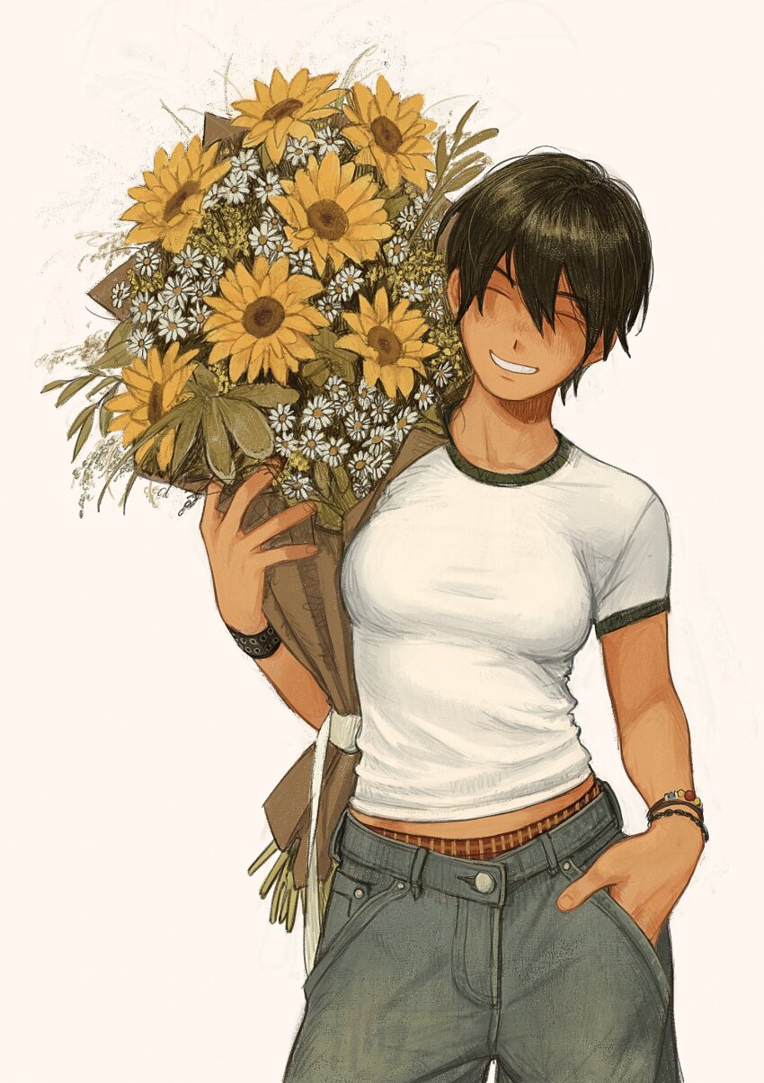 1girl black_hair blue_pants bouquet bracelet breasts closed_eyes cowboy_shot dark-skinned_female dark_skin denim facing_viewer flower grin hair_between_eyes hand_in_pocket highres holding holding_bouquet jeans jewelry medium_breasts midriff_peek monlopolo multiple_bracelets original panties pants panty_peek shirt short_hair short_sleeves simple_background smile solo standing t-shirt tomboy underwear white_background white_flower white_shirt yellow_flower