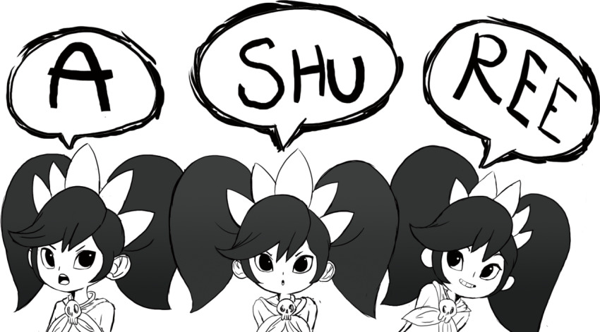 3girls ashley_(warioware) hairband looking_at_viewer monochrome multiple_girls multiple_persona neckerchief nintendo open_mouth skull speech_bubble teeth teevo twintails upper_body warioware