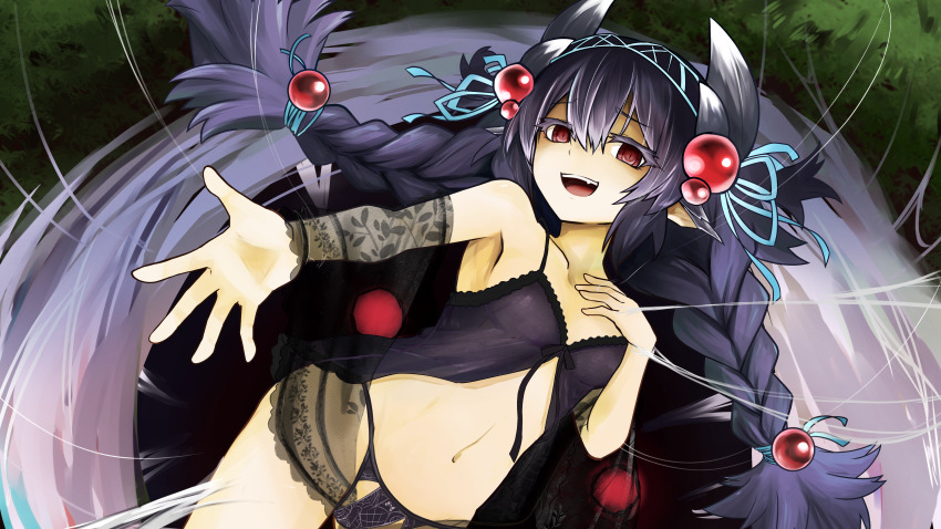 1girl absurdres black_hair braid breasts commission duel_monster hair_ornament highres lingerie long_hair looking_at_food monster_girl navel negligee open_mouth pixiv_commission reaching reaching_towards_viewer red_eyes ribbon small_breasts smile solo tora_(oyabaka_tora) traptrix_atrax twin_braids underwear yu-gi-oh!