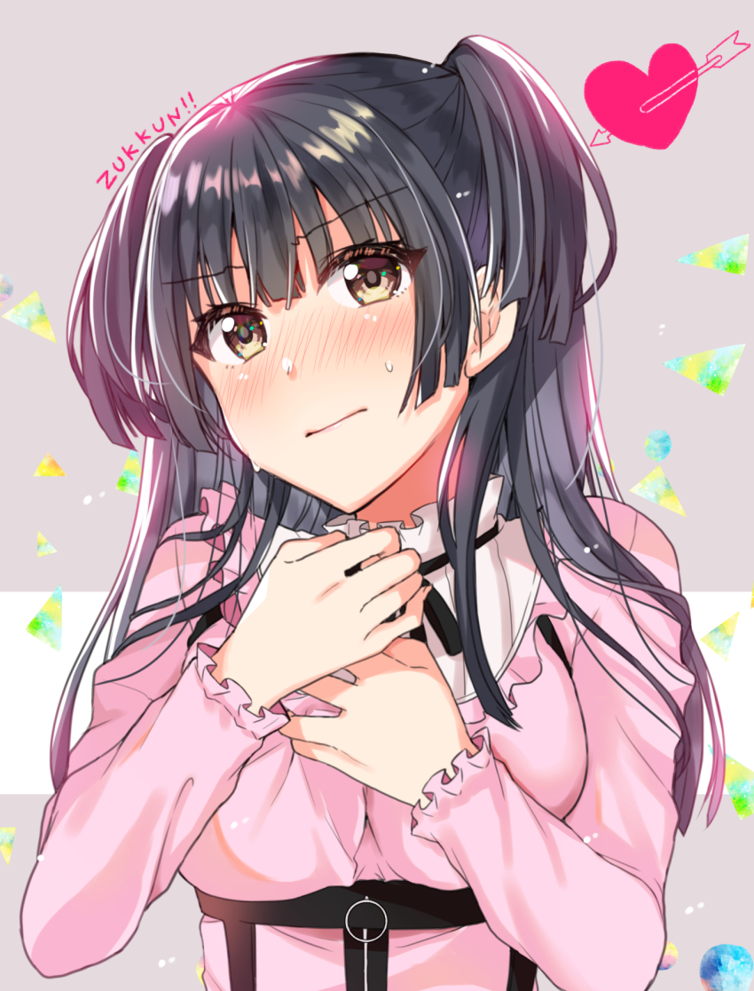 1girl arrow_through_heart black_hair blunt_bangs blunt_ends blush breasts brown_eyes commentary_request embarrassed eyelashes eyes_visible_through_hair frilled_sleeves frills grey_background hands_up heart highres hime_cut idolmaster idolmaster_shiny_colors jirai_kei long_hair long_sleeves looking_at_viewer lovestruck mayuzumi_fuyuko medium_breasts nose_blush own_hands_together pink_shirt shirt simple_background solo sound_effects straight_hair sweat two_side_up upper_body v-shaped_eyebrows yam_(yamap_mako)