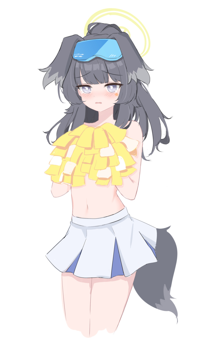 1girl absurdres animal_ears black_hair blue_archive blunt_bangs blush cheerleader collarbone commentary covering_breasts covering_privates cropped_legs dog_ears dog_girl dog_tail droopy_ears embarrassed goggles goggles_on_head grey_eyes halo hibiki_(blue_archive) hibiki_(cheer_squad)_(blue_archive) highres holding holding_pom_poms lmg7811 long_hair looking_at_viewer navel official_alternate_costume open_mouth peanut_mouth pleated_skirt pom_pom_(cheerleading) pom_poms ponytail sidelocks simple_background skirt solo standing star_sticker sticker_on_face stomach tail topless white_background white_skirt yellow_halo