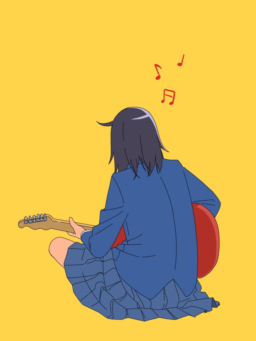 1girl ahoge back black_hair blue_jacket blue_skirt electric_guitar from_behind full_body futsuu_no_keion-bu guitar hatono_chihiro highres instrument jacket musical_note playing_guitar school_uniform simple_background sitting skirt solo tabasco3410 yellow_background