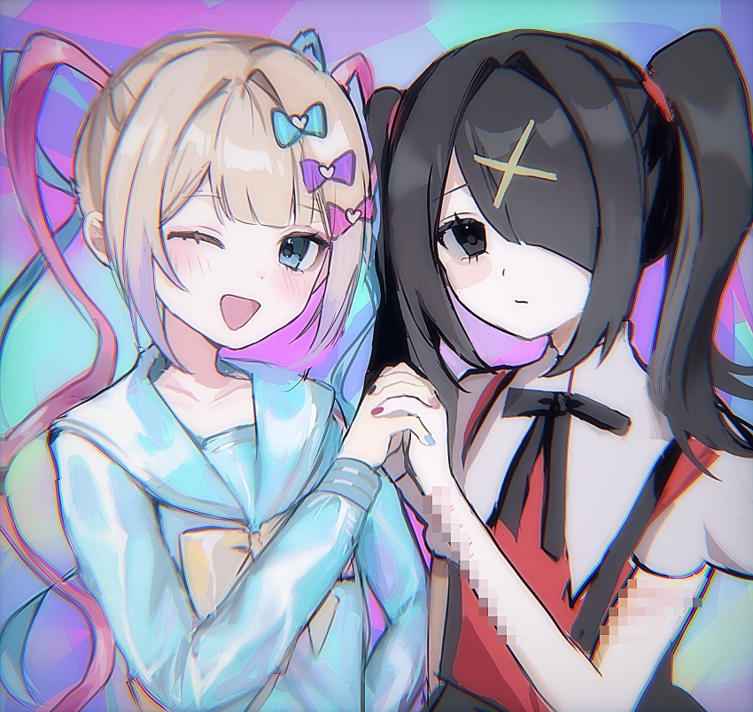 2girls ;d absurdres ame-chan_(needy_girl_overdose) black_eyes black_hair black_ribbon blonde_hair blue_bow blue_eyes blue_hair blue_nails blue_shirt blush bow censored chouzetsusaikawa_tenshi-chan chromatic_aberration closed_mouth collared_shirt dual_persona glitch hair_bow hair_ornament hair_over_one_eye hair_tie highres hiiragi_xoxo holding_hands interlocked_fingers long_hair long_sleeves looking_at_viewer mosaic_censoring multicolored_hair multicolored_nails multiple_girls multiple_hair_bows nail_polish neck_ribbon needy_girl_overdose one_eye_closed open_mouth pink_bow pink_hair pink_nails purple_bow quad_tails red_nails red_shirt ribbon sailor_collar school_uniform self-harm_scar serafuku shirt skirt smile suspender_skirt suspenders twintails upper_body x_hair_ornament yellow_bow yellow_nails