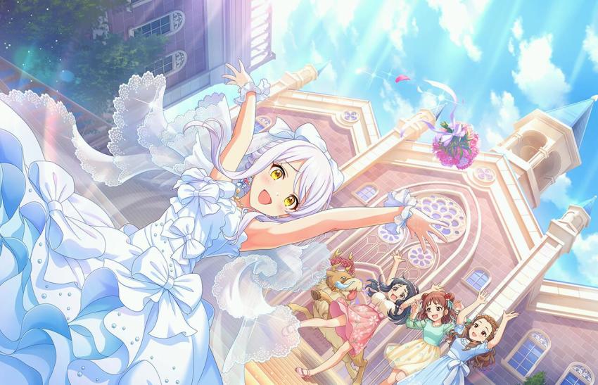 black_hair blitzen blue_dress bouquet bow brown_hair church cloud dress eve_santaclaus flower green_shirt idolmaster idolmaster_cinderella_girls lens_flare munakata_atsumi official_art ohnuma_kurumi pink_skirt seki_hiromi shirt silver_hair skirt wedding_dress white_bow yellow_eyes yellow_skirt