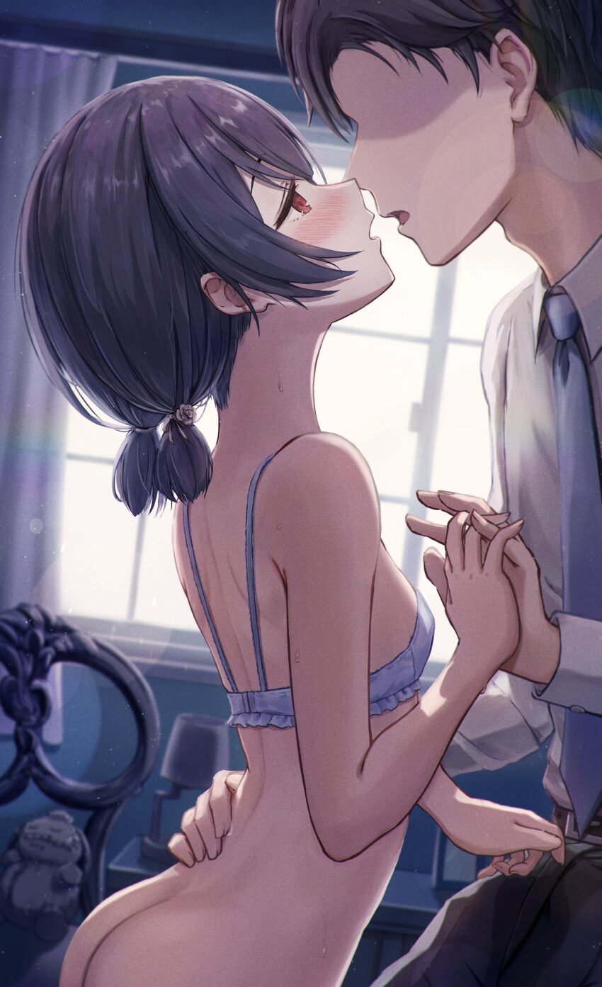 1boy 1girl absurdres ass back bare_shoulders blue_bra blue_hair blush bottomless bra breasts collared_shirt dark_blue_hair eye_contact faceless faceless_male formal_clothes half-closed_eyes highres holding_hands idolmaster idolmaster_shiny_colors imminent_kiss indoors interlocked_fingers looking_at_another masuku_(saint_mask) median_furrow morino_rinze necktie open_mouth producer_(idolmaster) red_eyes shirt short_hair short_twintails shoulder_blades small_breasts solo_focus sweat twintails underwear