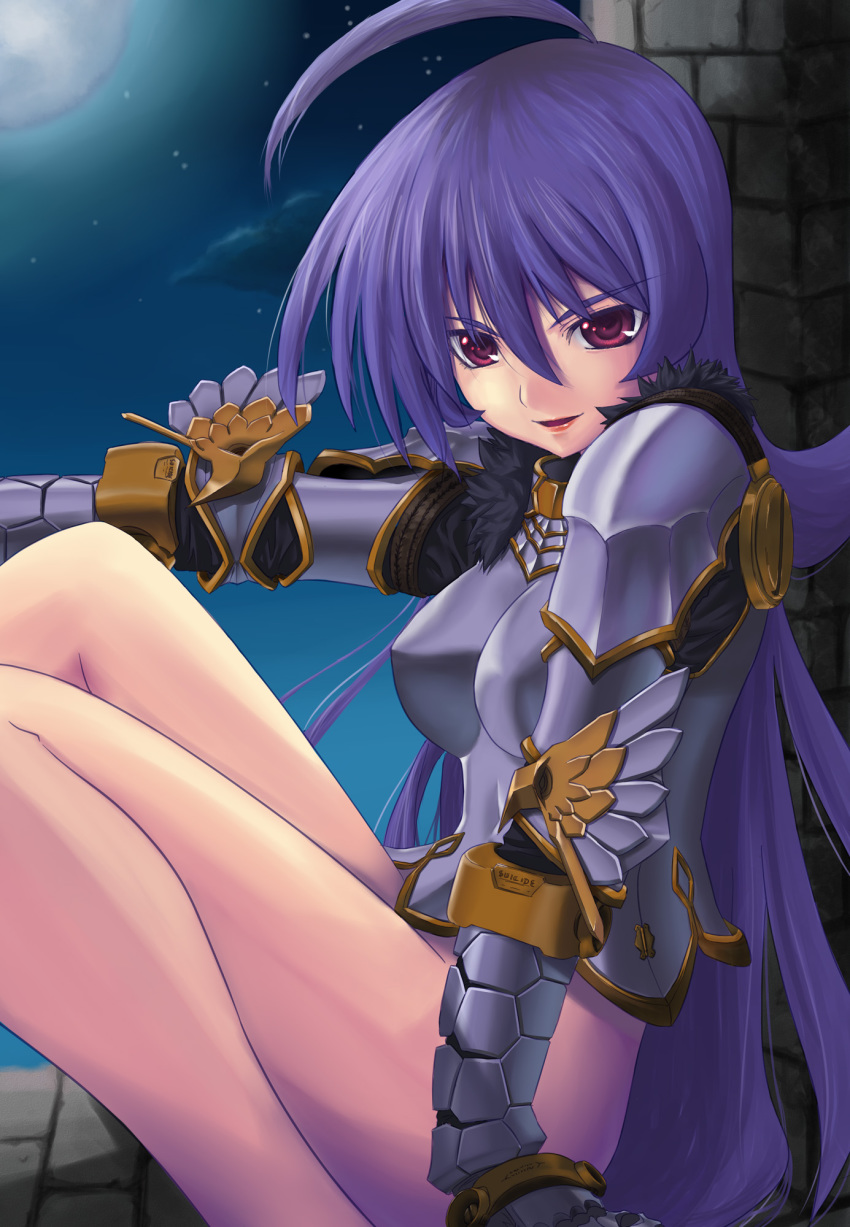 1girl ahoge armor bottomless female_focus highres purple_eyes purple_hair sei2makoto shibuya_susano solo