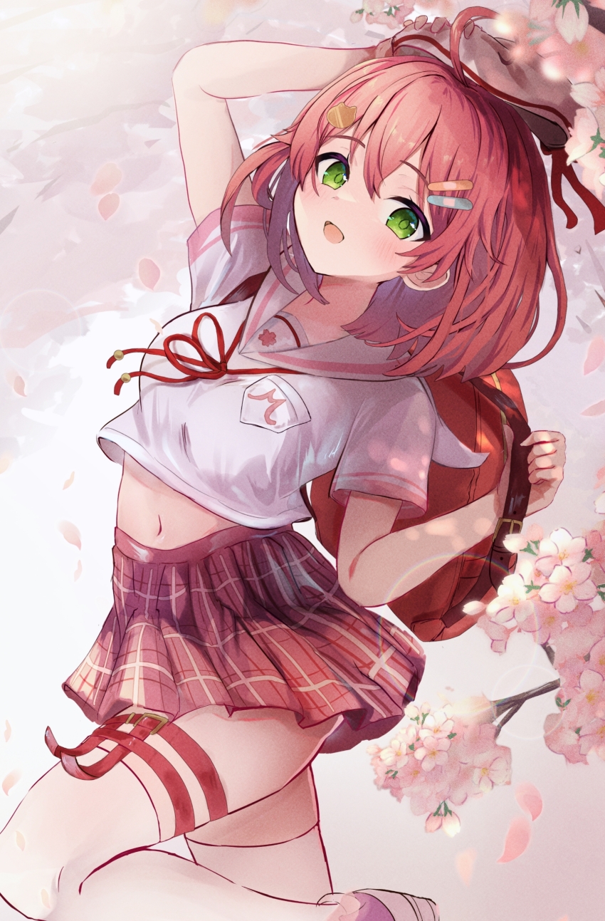 1girl :d absurdres ahoge arched_back arm_up bag bandaid bandaid_hair_ornament branch breasts cat_hair_ornament cherry_blossoms crop_top falling_petals flower green_eyes hair_between_eyes hair_ornament hand_on_headwear hand_up hat highres hololive leg_up light_blush looking_at_viewer looking_to_the_side medium_breasts medium_hair midriff miniskirt navel open_mouth petals pink_petals plaid_clothes plaid_skirt pleated_skirt pocket pokeeeo_o red_bag red_hair red_ribbon red_skirt ribbon sailor_collar sailor_hat sailor_shirt sakura_miko school_bag school_uniform serafuku shirt shirt_pocket shoes short_sleeves skirt smile solo standing standing_on_one_leg t-shirt thigh_strap thighhighs virtual_youtuber white_hat white_sailor_collar white_shirt white_thighhighs