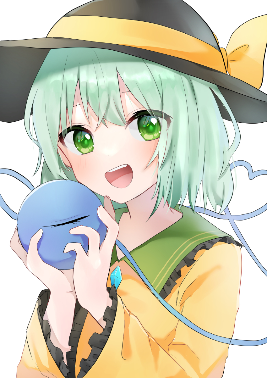 1girl :d absurdres black_hat green_eyes green_hair hat hat_ribbon heart heart_of_string highres koishi_day komeiji_koishi long_sleeves looking_at_viewer nahoshi_(sevenstar744) open_mouth ribbon short_hair simple_background smile solo third_eye touhou upper_body white_background wide_sleeves yellow_ribbon