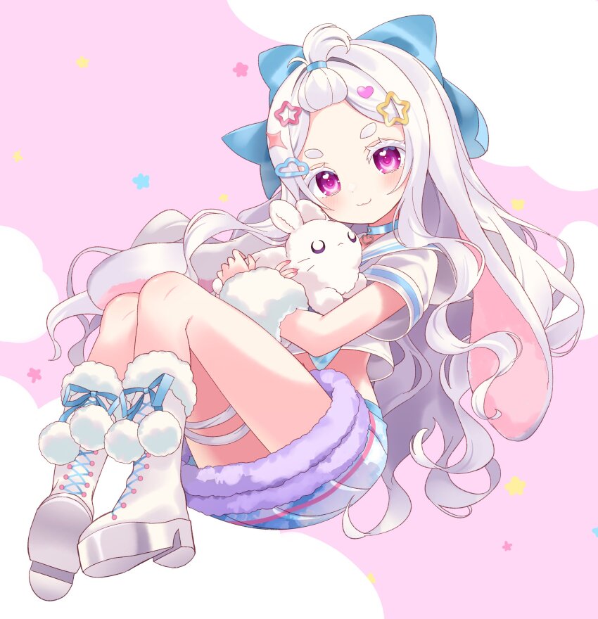 1girl absurdres animal animal_ears arm_warmers blue_bow blue_choker blue_ribbon boots bow choker closed_mouth cloud cloud_hair commission hair_bow hair_ornament heart heart_hair_ornament highres holding holding_animal holding_rabbit indie_virtual_youtuber lop_rabbit_ears midriff miwapeito_(vtuber) pink_background pom_pom_(clothes) purple_eyes rabbit rabbit_ears ribbon sailor_collar second-party_source shake_(noripasuta) shirt short_eyebrows skeb_commission solo star_(symbol) star_hair_ornament virtual_youtuber white_footwear white_sailor_collar white_shirt