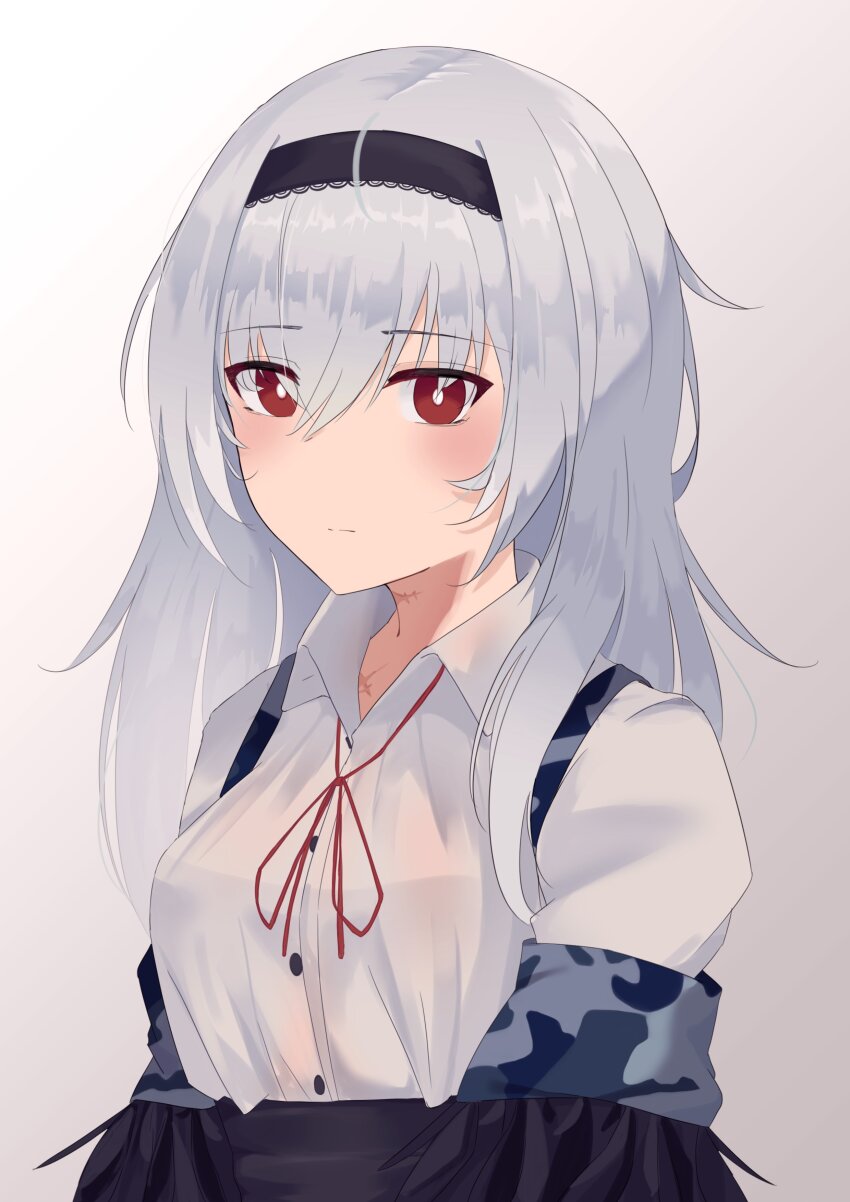 1girl absurdres black_hairband blush breasts bright_pupils camomochi collared_shirt commentary dress_shirt girls&#039;_frontline gradient_background grey_background grey_hair hair_between_eyes hair_over_one_eye hairband highres jacket lace-trimmed_hairband lace_trim long_hair looking_at_viewer medium_breasts neck_ribbon off_shoulder open_clothes open_jacket red_eyes red_ribbon ribbon scar shirt sidelocks solo thunder_(girls&#039;_frontline) upper_body white_background white_pupils white_shirt