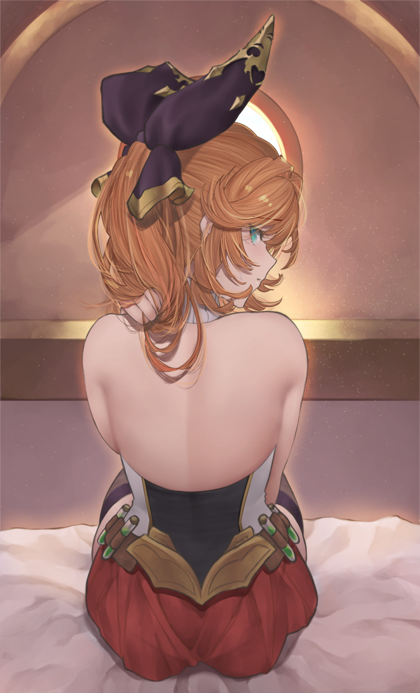 1girl absurdres aqua_eyes back backlighting bare_back bare_shoulders bed_sheet belt betabeet black_thighhighs bow clarisse_(granblue_fantasy) detached_collar from_behind granblue_fantasy hair_bow highres indoors long_hair looking_at_viewer looking_back on_bed orange_hair parted_lips ponytail purple_bow red_skirt sitting skirt solo test_tube thighhighs window