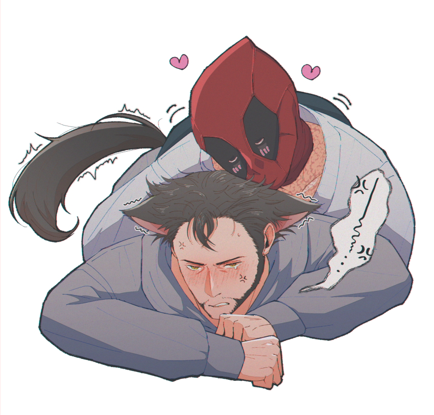 ... 2boys anger_vein angry animal_ears beard blush brown_hair commentary_request deadpool deadpool_&amp;_wolverine deadpool_(series) doghooouse embarrassed facial_hair full-face_blush green_eyes heart highres hood hood_down hoodie hug hug_from_behind long_sleeves lying male_focus marvel marvel_cinematic_universe mask multiple_boys muscular on_stomach pants parted_lips red_mask short_hair simple_background spoken_anger_vein spoken_ellipsis sweatdrop tail teeth wolf_boy wolf_ears wolf_tail wolverine_(x-men) x-men yaoi