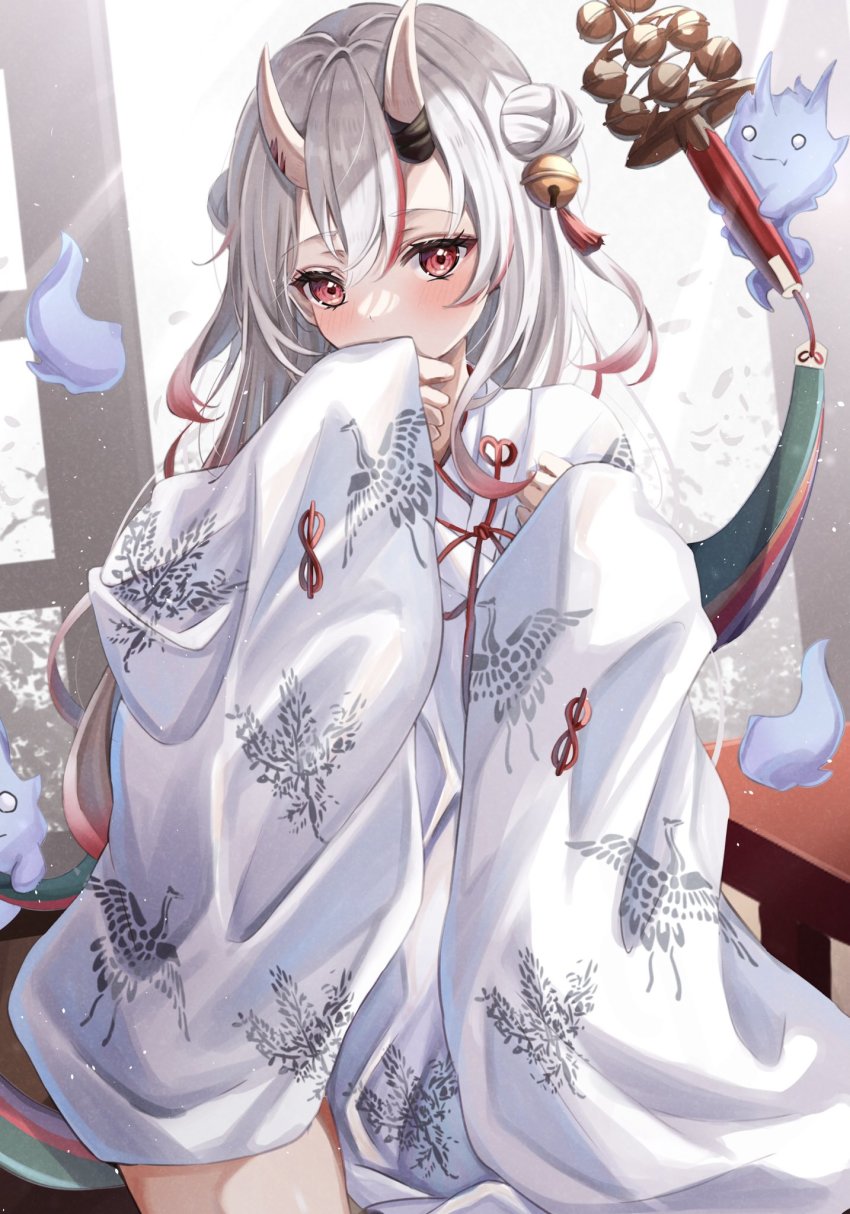 alternate_costume bell blush bride covering_own_mouth double_bun dress grey_hair hair_bell hair_bun hair_ornament highres hololive horns indoors japanese_clothes kimono long_hair long_sleeves multicolored_hair nakiri_ayame red_eyes red_hair sa-ya2 shouji skin-covered_horns sliding_doors streaked_hair virtual_youtuber wedding_dress white_kimono wide_sleeves