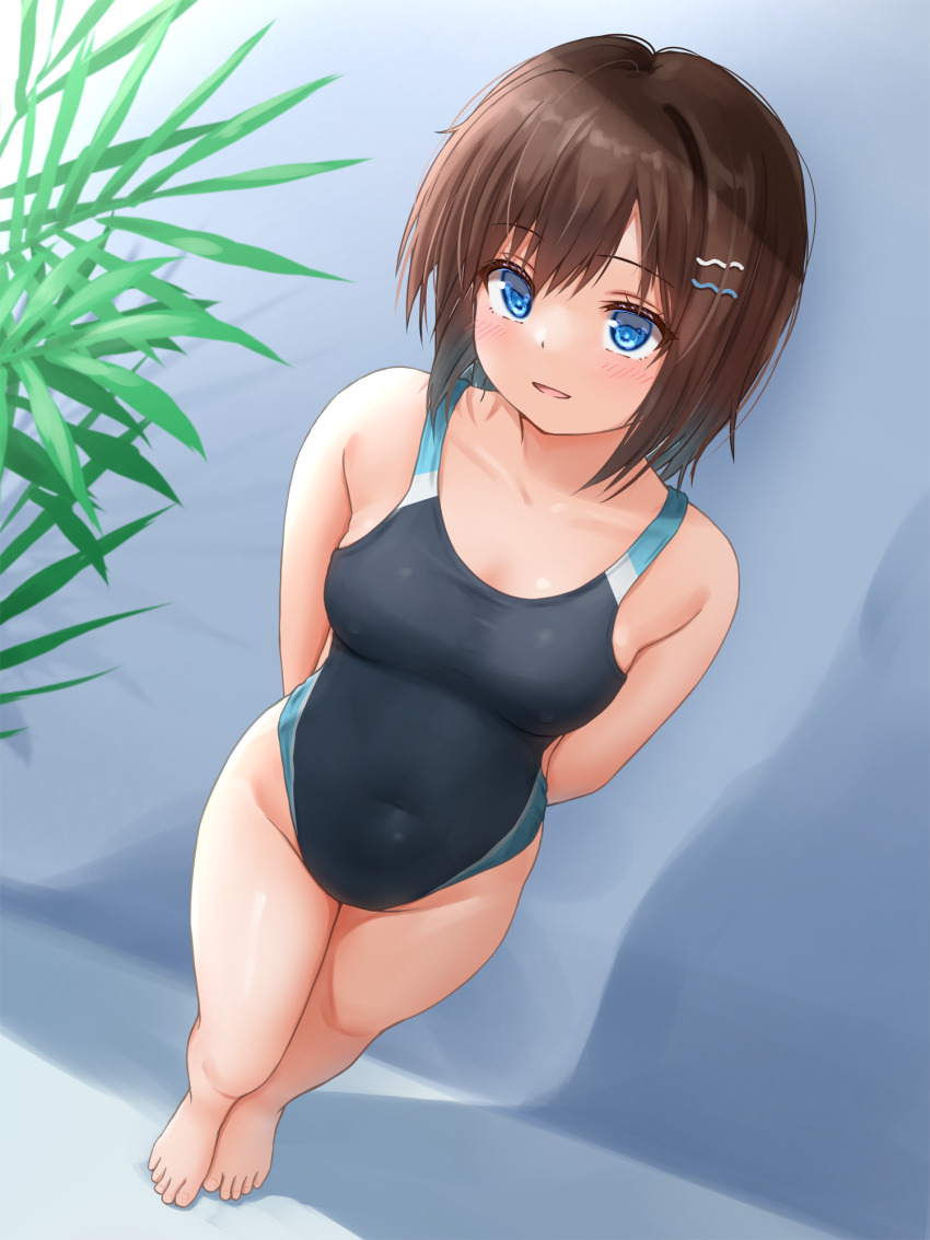 1girl arms_behind_back arms_behind_head barefoot black_one-piece_swimsuit blue_eyes breasts brown_hair collarbone commentary_request competition_swimsuit covered_navel from_above full_body hair_ornament hairclip highres multicolored_clothes multicolored_swimsuit neconotaki one-piece_swimsuit original plant short_hair small_breasts smile solo swimsuit