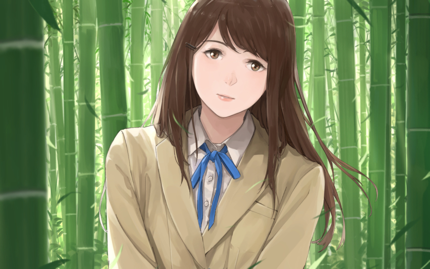 1girl bamboo bamboo_forest blue_ribbon brown_eyes brown_hair collared_shirt female_focus forest grey_jacket hair_ornament hairclip head_tilt jacket long_hair looking_at_viewer nature neck_ribbon original parted_lips pink_lips ribbon school_uniform shirt smile solo somehira_katsu upper_body white_shirt wing_collar