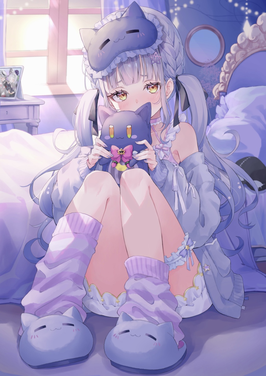 1girl absurdres aoha_(aohasora) asymmetrical_legwear blush braid bridal_garter camisole cardigan commentary covering_own_mouth curly_hair gradient_hair grey_hair highres holding holding_stuffed_toy hololive indoors long_hair long_sleeves looking_at_viewer low_twintails mask mask_on_head multicolored_eyes multicolored_hair murasaki_shion murasaki_shion_(loungewear) open_cardigan open_clothes open_mouth puffy_shorts purple_camisole purple_footwear short_shorts shorts sitting sleep_mask slippers socks striped_clothes striped_socks stuffed_toy twintails virtual_youtuber window