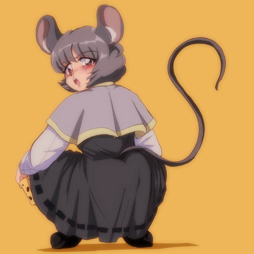 1990s_(style) 1girl animal_ears ass black_footwear blush broly_culo_(meme) buck_teeth capelet cheese commentary dress english_commentary food full_body grey_capelet grey_dress grey_hair highres holding holding_food long_sleeves looking_at_viewer looking_back meme mouse_ears mouse_girl mouse_tail nazrin open_mouth red_eyes retro_artstyle shirt shoes short_hair simple_background solo squatting step_arts tail teeth touhou white_shirt yellow_background