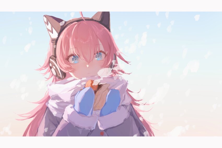 animal_ear_headphones animal_ears bang_dream! blue_eyes blue_gloves blush cat_ear_headphones fake_animal_ears food gloves hcq25535058 headphones highres looking_at_viewer pink_hair scarf snowing solo steam sweet_potato tamade_chiyu winter_clothes