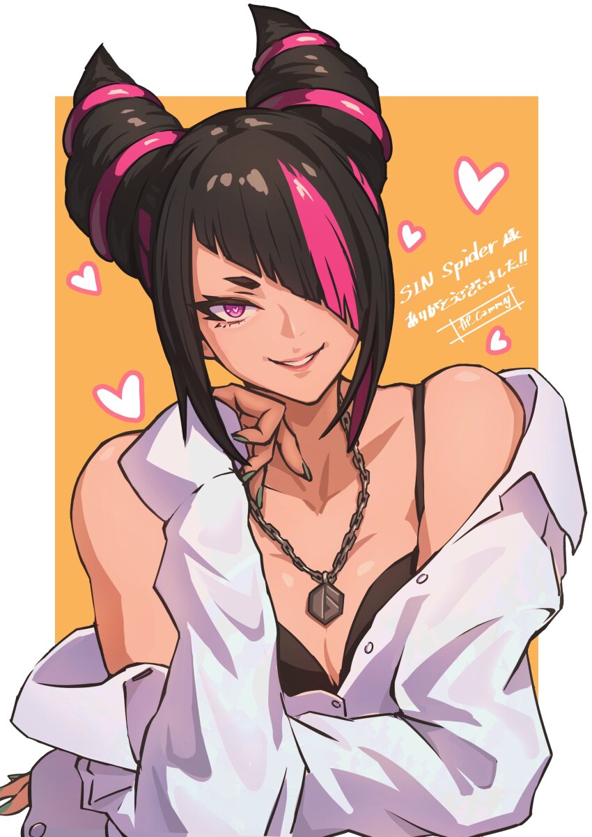 1girl absurdres ap_cammy bare_shoulders black_hair bra breasts cleavage diagonal_bangs drill_hair hair_horns hair_over_one_eye han_juri heart heart-shaped_pupils highres jewelry long_sleeves looking_at_viewer medium_breasts multicolored_hair necklace off_shoulder orange_background pink_hair purple_eyes short_eyebrows smile solo streaked_hair street_fighter street_fighter_6 symbol-shaped_pupils teeth two-tone_hair underwear