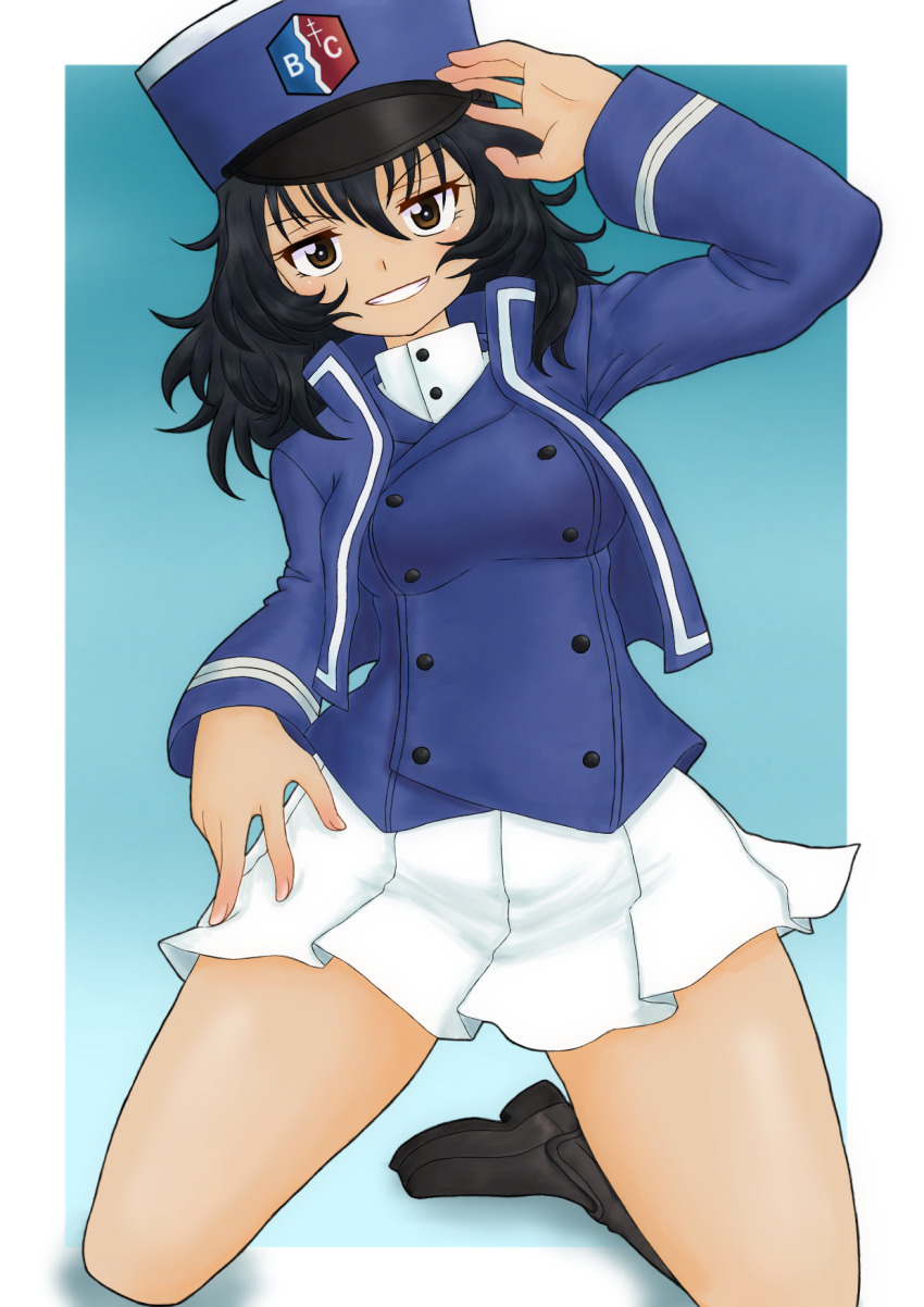 1girl adjusting_clothes adjusting_headwear amanone_yun andou_(girls_und_panzer) bc_freedom_(emblem) bc_freedom_military_uniform black_eyes black_footwear black_hair blue_hat blue_jacket blue_vest boots dark-skinned_female dark_skin dress_shirt emblem full_body girls_und_panzer grin hat high_collar highres jacket kepi kneeling long_sleeves looking_at_viewer medium_hair messy_hair military_hat military_uniform miniskirt pleated_skirt shirt skirt smile solo vest white_shirt white_skirt