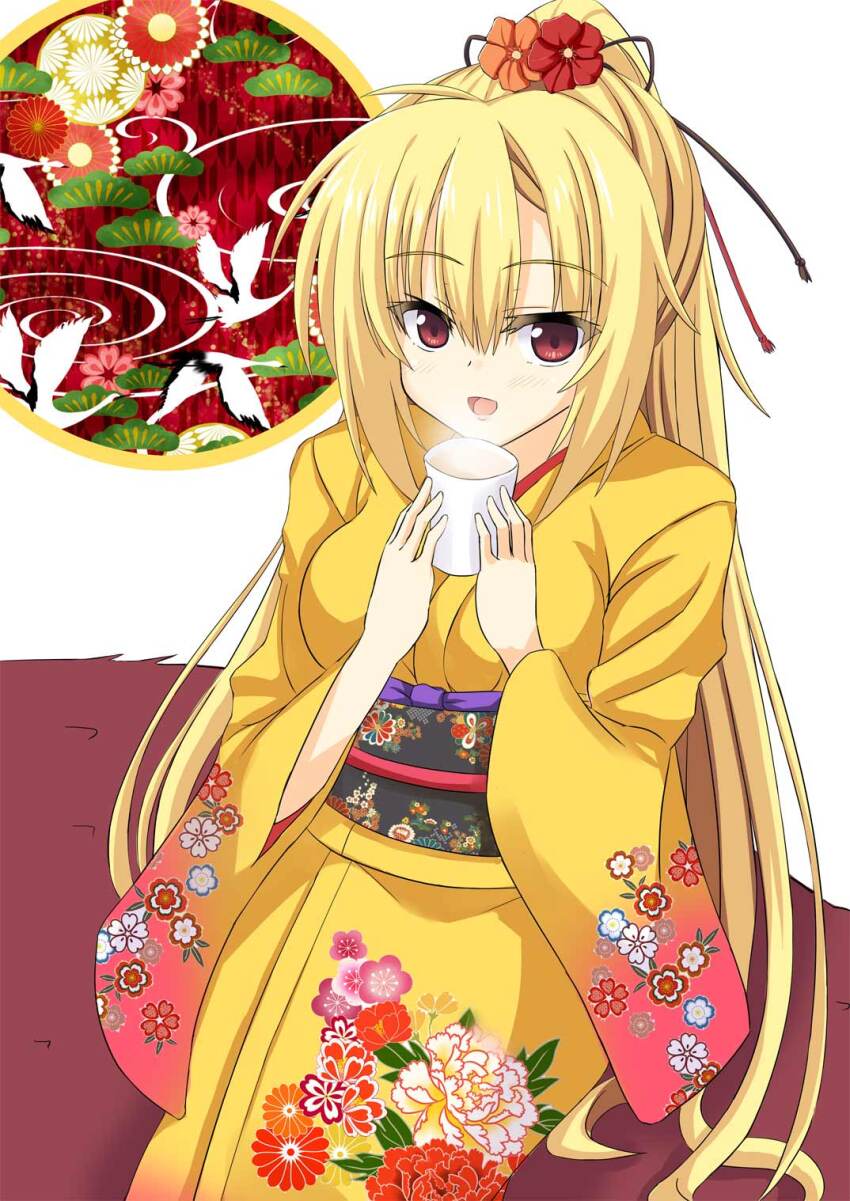 1girl :d alternate_costume arihara_nanami blonde_hair blush commentary_request cowboy_shot cup eyes_visible_through_hair floral_print floral_print_kimono flower hair_between_eyes hair_flower hair_ornament hands_up happy highres holding holding_cup japanese_clothes kanzashi kimono long_hair long_sleeves looking_at_viewer new_year norapan open_mouth orange_flower ponytail print_kimono red_eyes red_flower riddle_joker sidelocks simple_background sitting smile solo steam straight_hair very_long_hair white_background wide_sleeves yellow_kimono